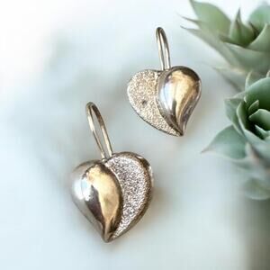 Vintage Sterling Silver Puffy Heart Drop Earrings - Thailand